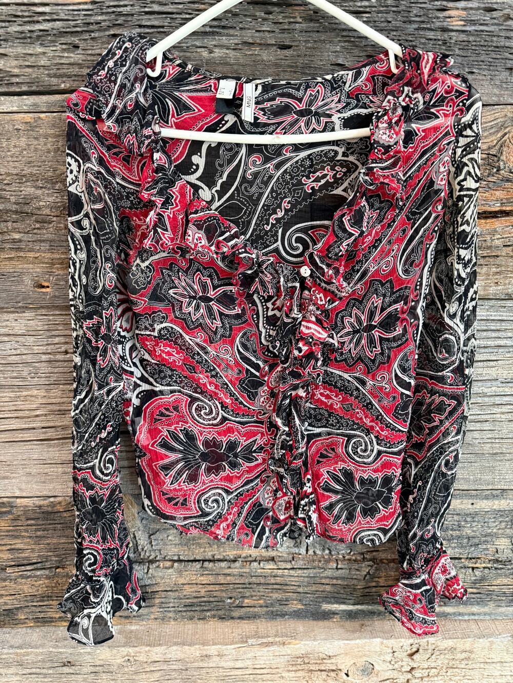 MNG by Mango Paisley Ruffle Blouse Red Black Sheer Long Sleeve Boho Size 4